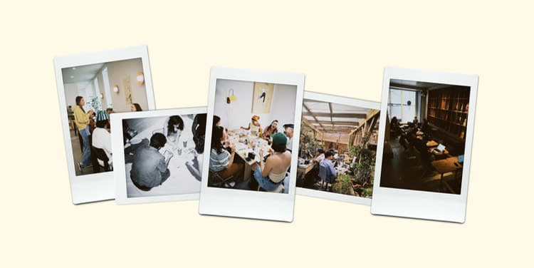 A spread of polaroid photos from past meetups